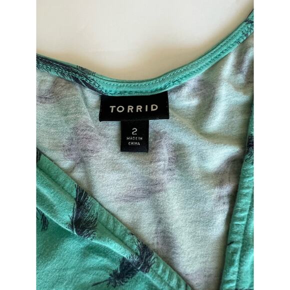 Torrid Aqua Blue Feather Print Faux Wrap V-Neck Front Round Back Dress Sz 2X - Picture 9 of 11